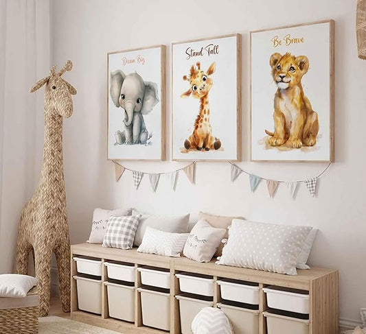3 Pcs Safari Nursery Canvas Wall Art Kids Cute Inspirational Animal Lion Giraffe Elephant Painting Picture Wall Decor Poster Print Artwork for Baby Boys and Girls Room Home Decoration Unframed