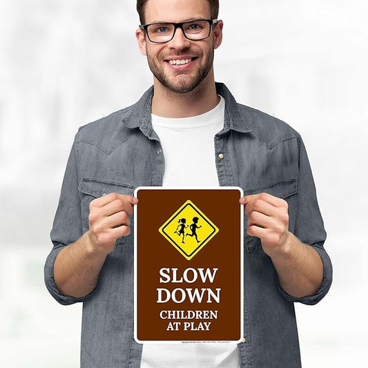 Slow Down Children At Play Sign, 10x7 Inches, 4 Mil Vinyl Decal Stickers Weather Resistant, Made in USA by My Sign Center
