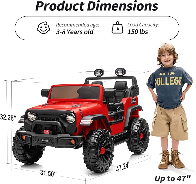 2 Seater Ride on Car Toy, 12V Electric Car for Kids 4-8 with Remote Control, Capacity 150 lb, LED Light - Red