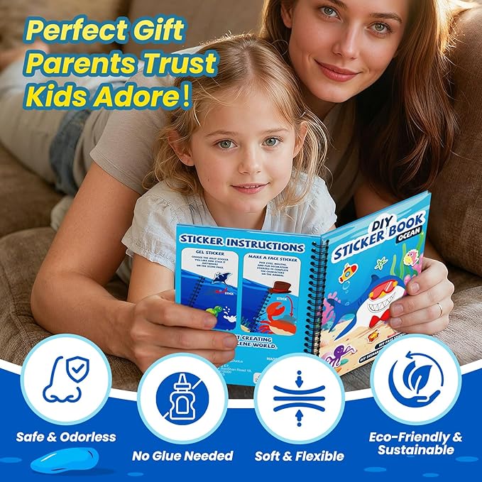 Ocean Reusable Sticker Book for Toddlers, DIY Make-a-face Animals Fun Jelly Stickers, Washable Puffy Stickers for Kids Toys, Airplane Road Trip Travel Activities Essentials for Kids 3 4 5 Years