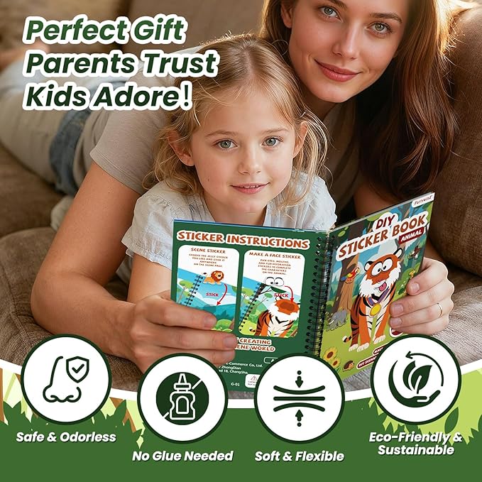 Animals Reusable Sticker Book for Toddlers, DIY Make-a-face Animals Fun Jelly Stickers, Washable Puffy Stickers for Kids Toys, Airplane Road Trip Travel Activities Essentials for Kids 3 4 5 Years