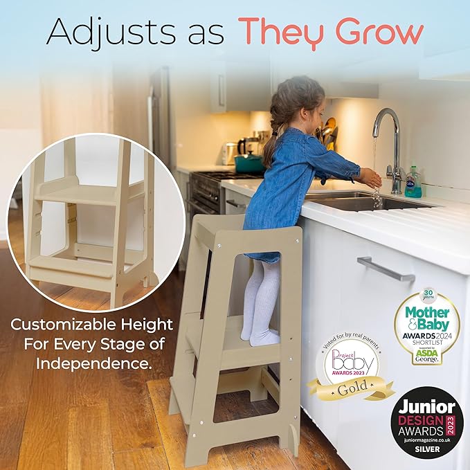 Stepup Baby Toddler Step Stool - Adjustable Height Kids Helper Step Stool, Durable, Non-Slip Platform for Bathroom Sink & Kitchen Counter, Toddler Tower for Exploration and Growth - Varnished