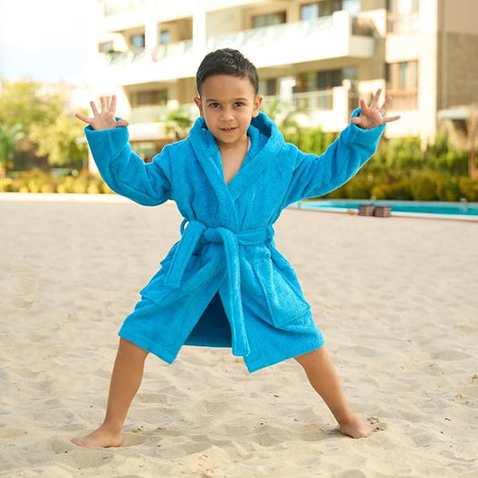 BAGNO MILANO Kids Organic Turkish Cotton Hooded Beach Cover-Up Towel, GOTS Certified, for Boys and Girls (Blue, 7-8 Years)