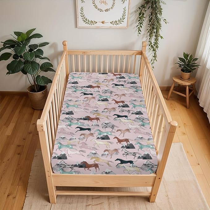 Boho Horses Mountains Baby Crib Sheets for Boy Girl 28"x52" Wild Horses Blossom Soft Snug Fitted Crib Mattress Covers Horse Lovers Nursery Baby Sheet for Standard Crib & Toddler Bed Mattress Pink