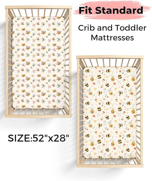 Crib Sheets for Boys and Girls, 2 Pack Fitted Baby Sheets for Standard Toddler Mattress 28" x 52", Soft Breathable Jersey Knit Baby Bedding (Bee Happy)