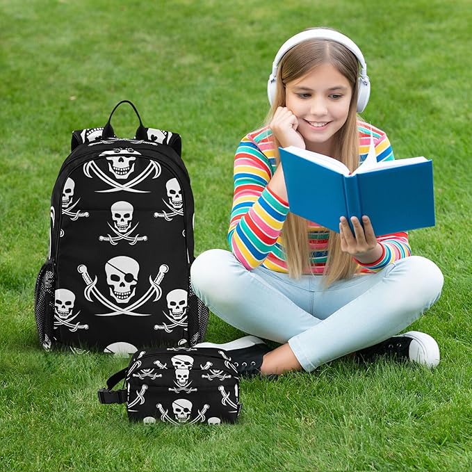 Jucciaco Pirate Skull Backpack with Lunch Bag, School Travel Backpack for Boys Girls Kids Backpacks Set