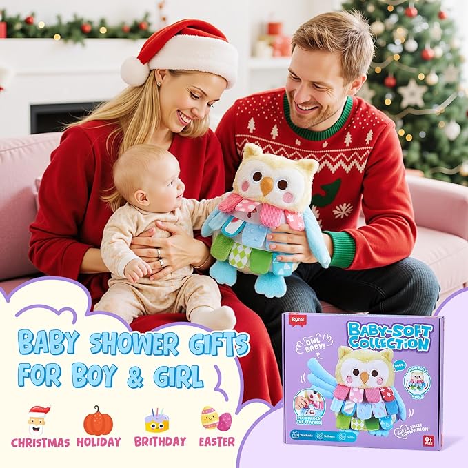 JoyCat Baby Toys for 0-12 Months,13 Inch Sensory Owl Stuffed Animal, Soft Montessori Tummy Time for Infant with Textured Crinkle Mirror, Carseat Toy for Newborn Boys & Girls Birthday Christmas Gifts