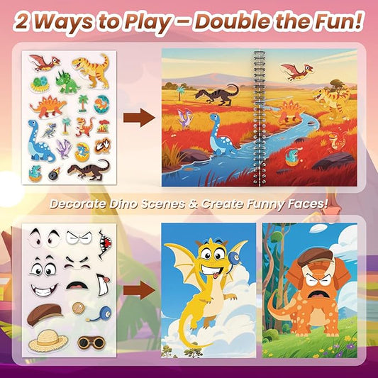 Dinosaur Reusable Sticker Book for Toddlers, DIY Make-a-face Animals Fun Jelly Stickers, Washable Puffy Stickers for Kids Toys, Airplane Road Trip Travel Activities Essentials for Kids 3 4 5 Years