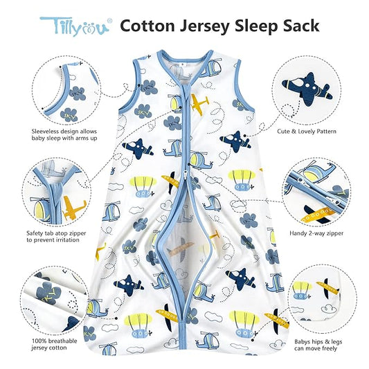 TILLYOU 2 Pack Infant Sleep Sack 0-6 Months 100% Cotton Wearable Blanket 0.5 TOG Sleeveless Summer Sleep Sacks with 2-Way Zipper, Sky Adventure & Sky Blue