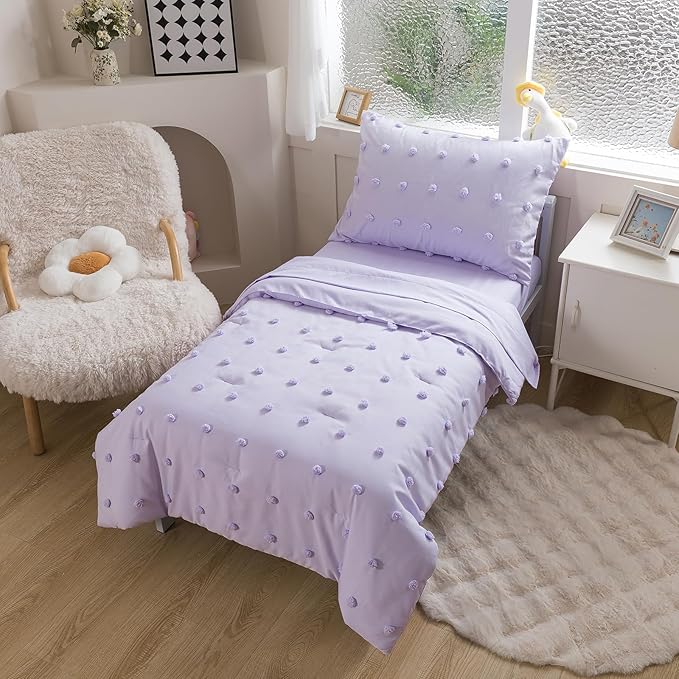Caressma 5 Pieces Tufted Comforter Set Bed-in-a-Bag for Kids with Lovely Purple Pompom On The Comforter.Includes Comforter,Fitted Sheet,Flat Sheet,Pillow Case & Pillow Shame for All Seasons
