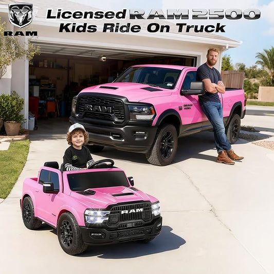 FUNTOK 24V 2 Seater Ride On Truck for Big Kids, Licensed RAM 2500 Kid's Electric Vehicles w/Remote Control, LED Light/Music/MP3/Bluetooth, Truck Bed Storage, Carry Wheels & Handle, Car for Kids 3-8