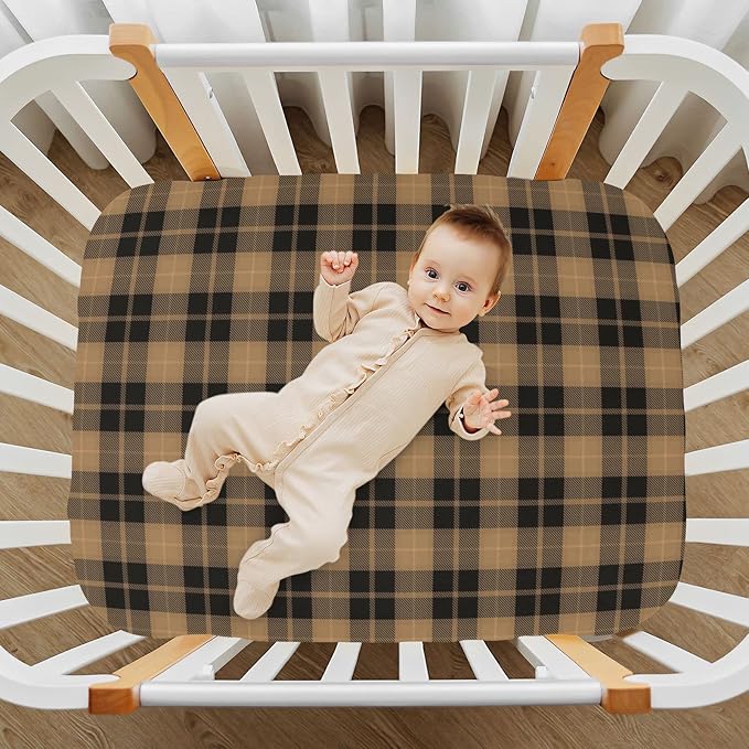 Brown Plaid Crib Sheets Soft Breathable Fitted Baby Playard Sheets Mattress Cover for Girl Boys, 39" x 27" x 5"
