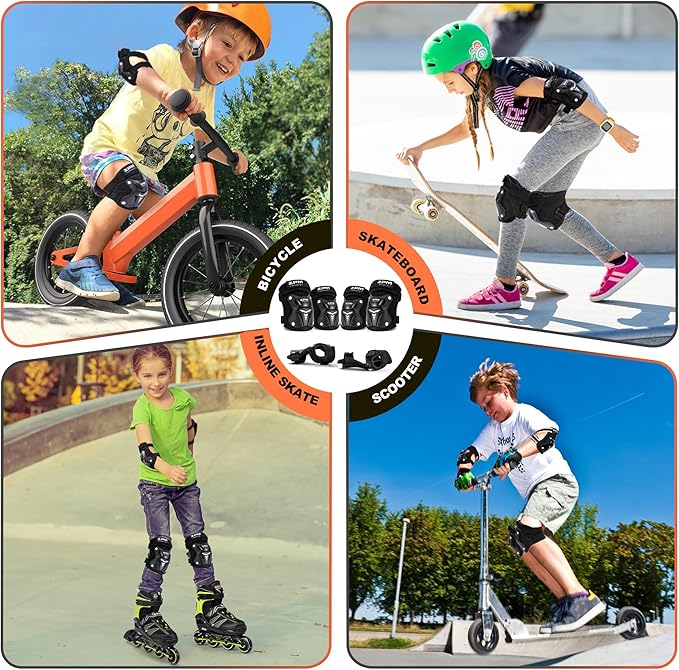 2PM SPORTS Knee Pads for Kids, Wrist Guards Knee and Elbow Pads Set with Drawstring Bag, Protective Gear Set for Girls Boys Roller Skating Cycling Skateboard