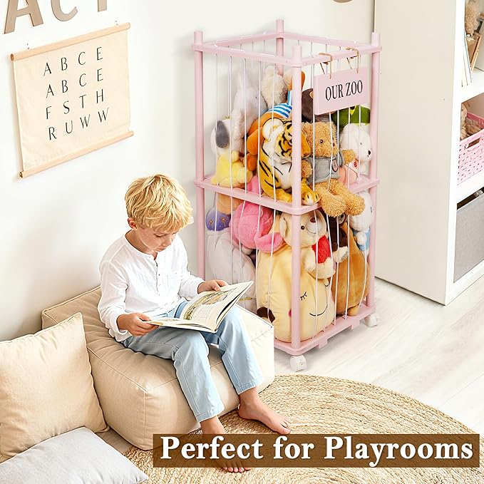 Edudif Stuffed Animal Storage Zoo, Wooden Stuffed Animal Organizer with Removable Wheels & 5-Row Elastic Cords, Space-Saving Plush Toy Storage Holder for Playroom, Bedroom, Nursery