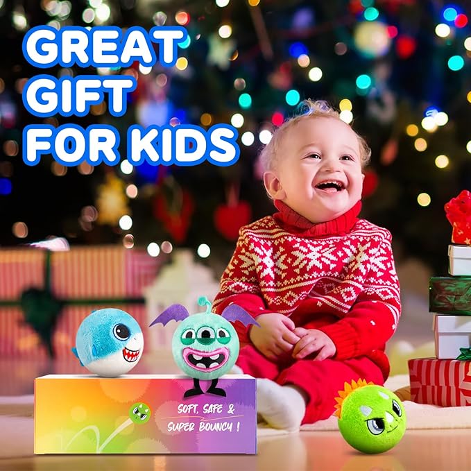 PlayZap Bouncy Balls with Plush Cover - BPA -Free Safe Sensory Toys for Toddlers Kids - 3" Large Size 10 FT High - Christmas Toy Birthday Gift - Ideal Stocking Stuffers for Boys Girls 1-3 3-5 5-8 8-12