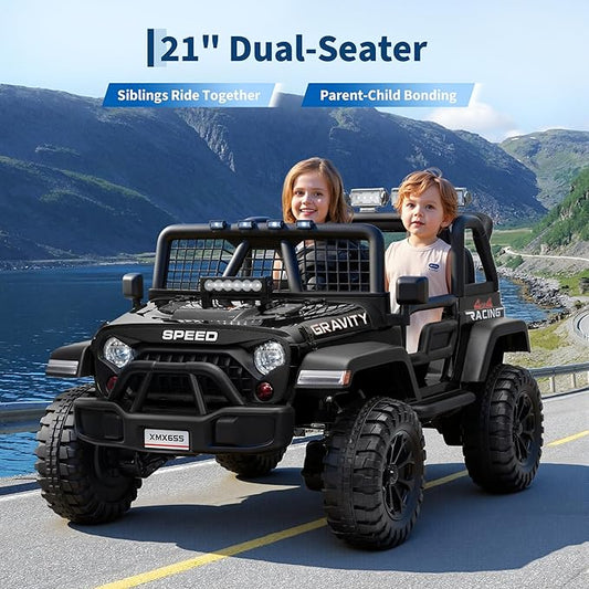 24V 2-Seater Kids Electric Truck with Parent Remote Control, 100Min Ride-on Car, 4WD Dual Motor, 2 Speeds, Spring Shock Absorber, LED Headlights, Siblings Gift Kids Electric Vehicle, Black