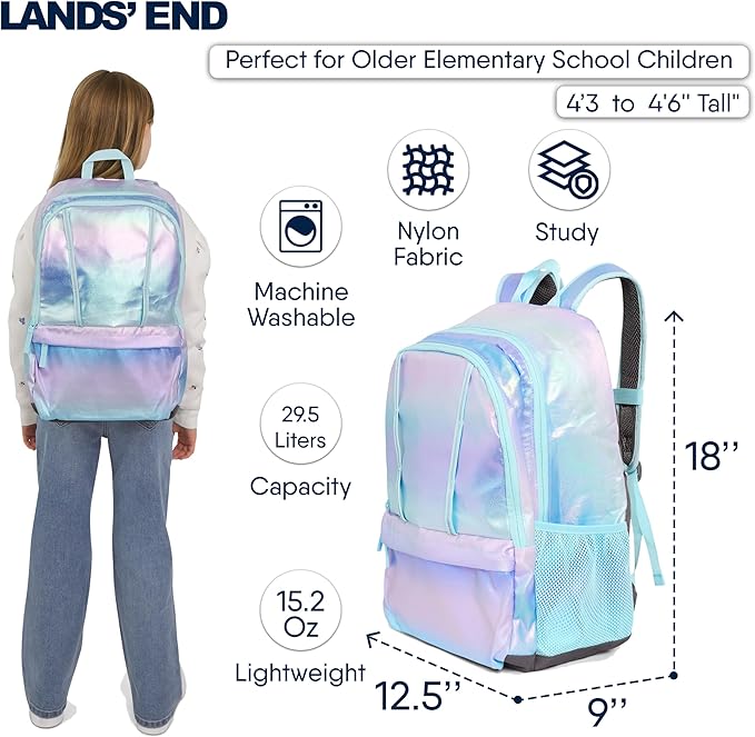 Lands' End Unisex Kids Large ClassMate Lightweight Durable Elementary School Backpack, Pastel Lilac