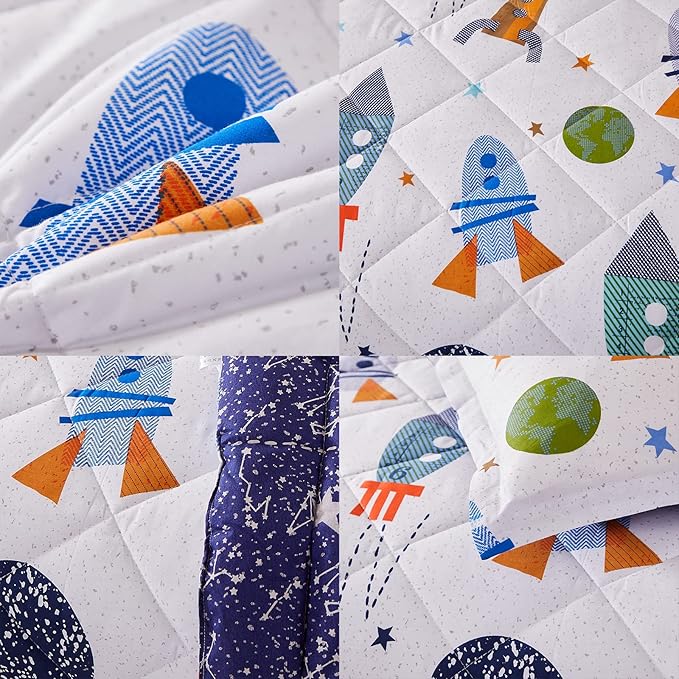 Brandream Kids Space Bedding Set Boy Girl Cotton Comforter Set Space Rocket Galaxy Bedroom 3-Piece Full Size