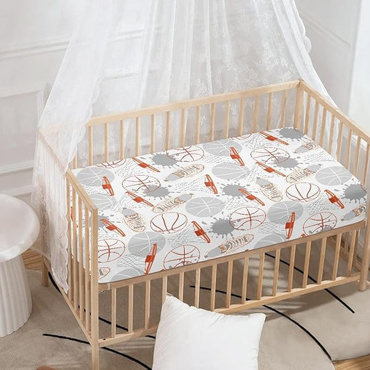 Basketball Fitted Crib Sheet for Boys Girls Balls Sports Baby Sheet for Standard Crib and Toddler Sneakers Basketball Frames Nursery Bed Mattress Sheets 28"x52"