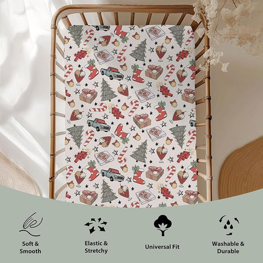 Boho Christmas Movie Baby Crib Sheets for Boy Girl 52x28 Christmas Tree Stockings Candy Pizza Truck Soft Snug Fitted Crib Mattress Cover Winter Holiday Baby Sheet for Standard Crib & Toddler Mattress