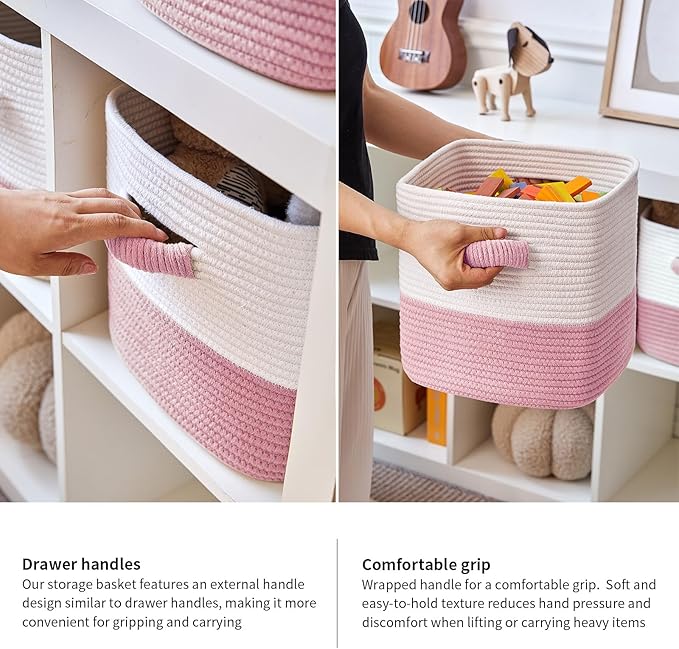 R RUNKA Storage Cube Baskets for Organizing 11 inch-3 Pack- Square Baskets for Cube Storage, Closet Storage Bins - Woven Cube Storage Bins for Shelves- Cube Drawer- Ideal for Toy Storage White & Pink