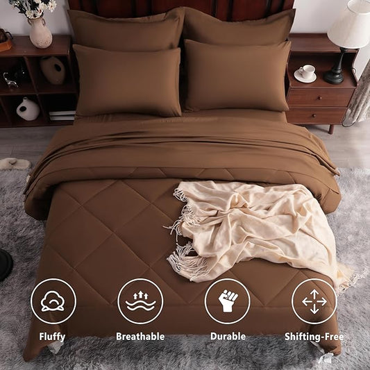 NTBAY Queen Comforter Set with Sheets, 7 Pieces Soft and Breathable Queen Bedding Set, Bed in a Bag, Down Alternative Comforter Set Solid Color All Season, Queen Bedding Set, Brown