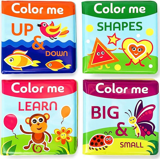 BabyBibi Color Me Bath Books Plus Crayons – Set of 4 Different Books – Includes 6 Washable Bath Crayons – Learn and Play Including Opposites and Shapes – Suitable for 2+