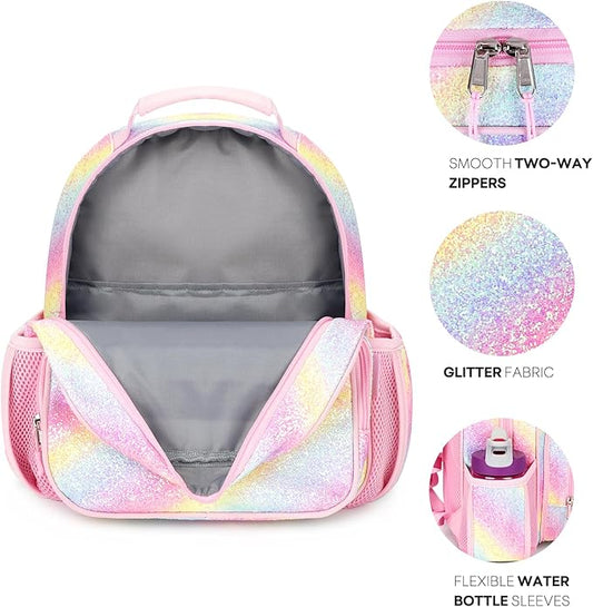 mibasies Toddler Backpack for Girls 2-4: Glitter Kids Backpacks for Girls - Preschool Kindergarten Backpack - Twill Pink