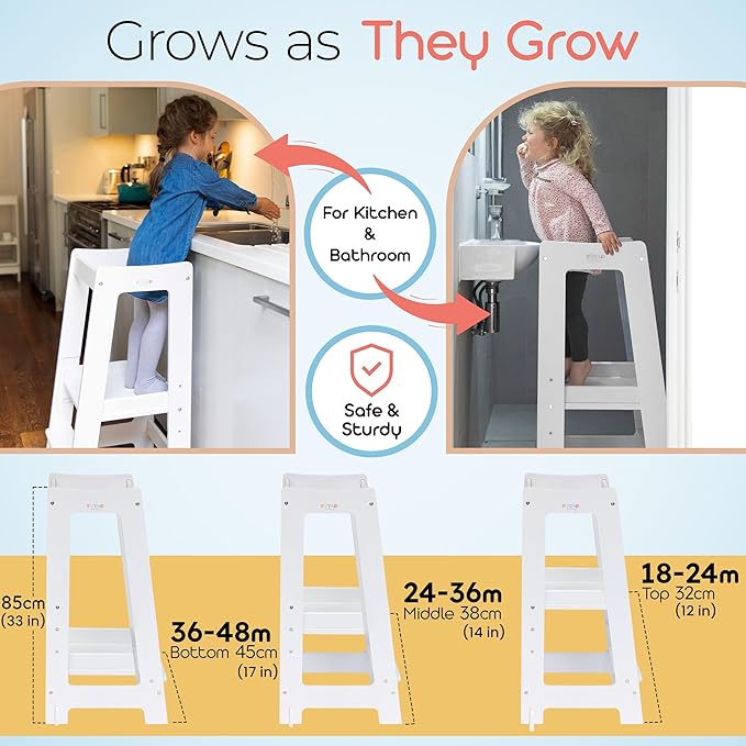 Stepup Baby Toddler Step Stool - Adjustable Height Kids Helper Step Stool, Durable, Non-Slip Platform for Bathroom Sink & Kitchen Counter, Toddler Tower for Exploration and Growth - White