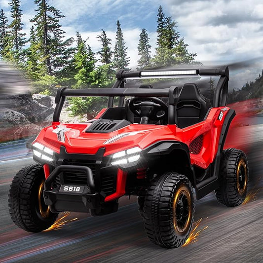 MOLACHI 24V 2 Seater Kids Ride on UTV Car,4WD Battery Powered Electric Vehicle for Kid,Ride On Truck with Remote Control,Safety Belts,3 Speeds,Bluetooth (Red)