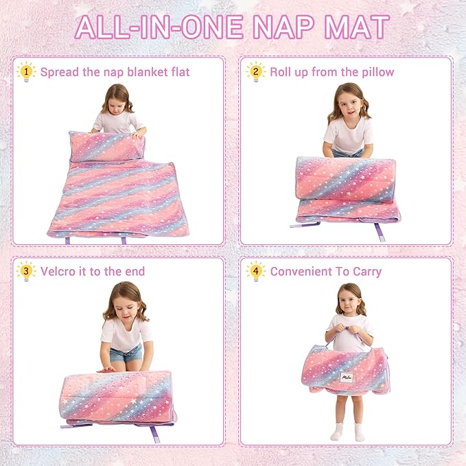 Toddler Nap Mat with Pillow and Blanket, Extra Large Rolled Napping Mats,Slumber Bags for Boys Girls,Kids Sleeping Bag for Daycare, Preschool Travel Camping