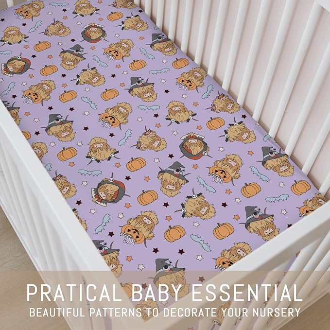 Highland Cow Halloween Baby Crib Sheets for Boy Girl Western Cowboy Fall Pumpkin Bats Soft Snug Fitted Crib Mattress Covers for 52''x28'' Standard Crib & Toddler Mattress Spooky Farm Animal Bed Sheet