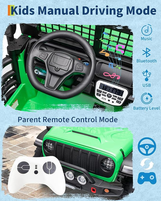 2 Seats 24V Kids Electric Ride on Car with Remote Control, 20" Large Seat with 2 Safety Belts, Two 200W Battery Powered Electric Vehicle for 3+ Years, LED Light,Music,Horn,USB Port, Riding Toy,Green