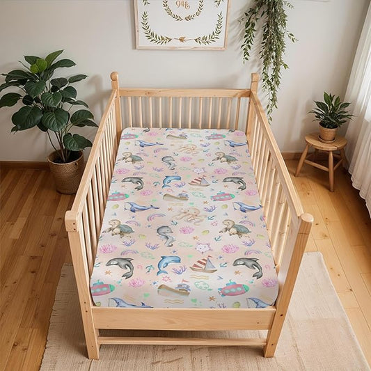 Colorful Ocean Animals Baby Crib Sheets for Boy Girl 52x28Inch Sea Horse Turtle Whale Rainbow Corals Soft Snug Fitted Crib Mattress Cover Marine Life Baby Sheet for Standard Crib & Toddler Mattress