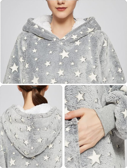 KFUBUO Glow in The Dark Wearable Blanket Hoodie for Adults Long Sherpa All Patterns Oversized Sweatshirt Blanket with Pockets Birthday Gifts for Women