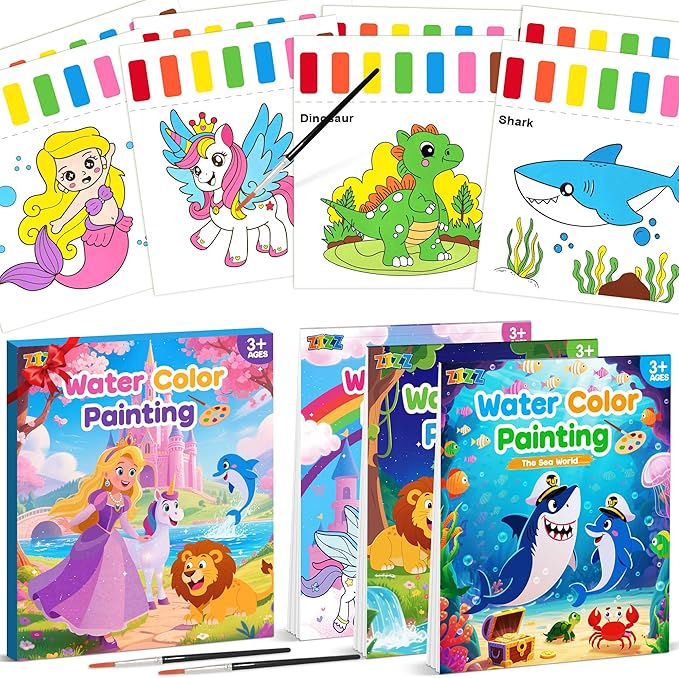 ZIZZ Paint with Water Coloring Books for Toddlers, 3 Pack Watercolor Painting Set for Kids Ages 3-5 4-8, No-Mess Drawing Activity Kit Art Craft Toy Birthday Gifts for Girl Boy | Princess, Forest & Sea