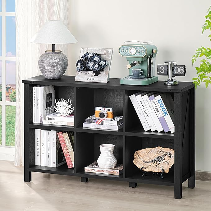 Joaxswe 6 Cube Bookcase, Farmhouse Wood Low Storage Organizer Book Shelf, Black 47" Horizontal Console Bookshelf with Legs, Hallway Book Case for Entryway, Display Cabinet for Living Room, Office