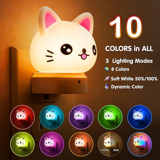 L LOHAS LED Plug in Night Light for Kids,2-Pack 3D Cute Cat Night Lights with Dusk to Dawn Sensor, RGB+Soft White 3000K Cat Night Light,Christmas Birthday Gift Nightlight for Kids,Room Decor