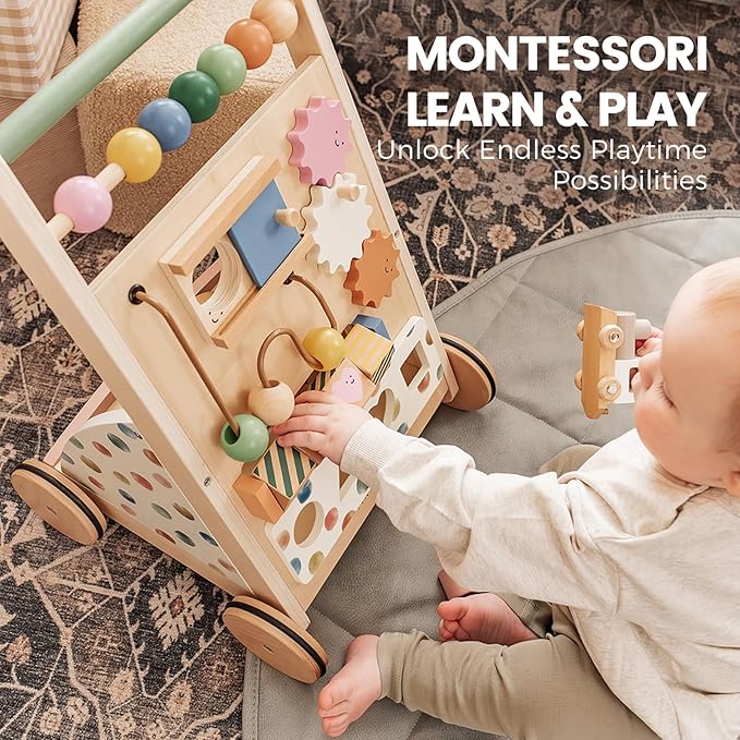 Tiny Land Wooden Baby Walker, Adjustable Speed Baby Push Walker for Boys and Girls, Montessori Activity Center Push Toy for Kids' Development, Ideal Christmas Gift for Toddlers (Morandi)