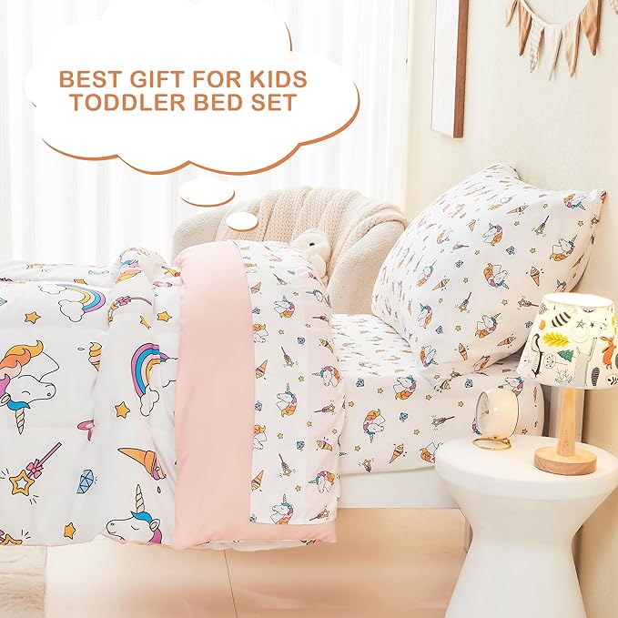 Mooreeke 4 Pieces Toddler Bedding Set - Soft Unicorn Rainbow Toddler Comforter Sets for Girls, Includes Quilted Comforter, Flat Sheet, Fitted Sheet and Pillowcase, Bed in A Bag for Baby Bedroom