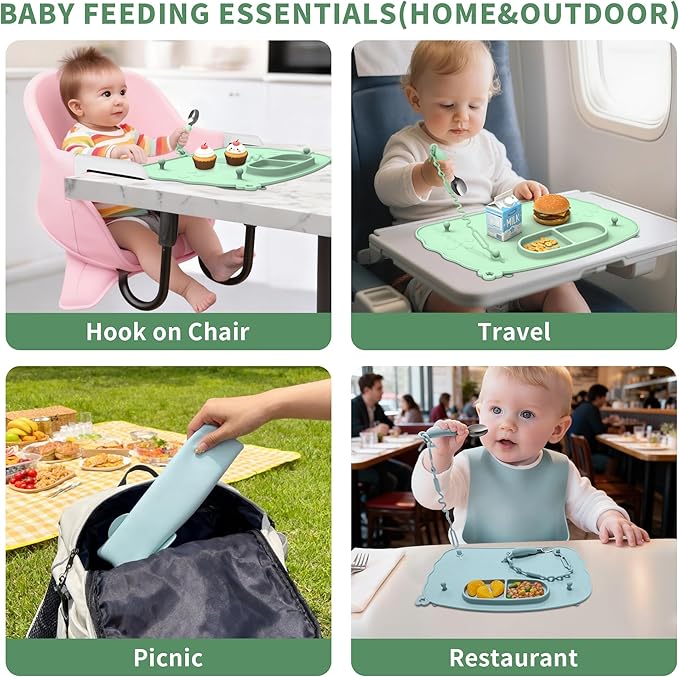 Baby Placemats for Weaning Babies - 2 Silicone Toddler Placemat with 4 Strong Suction Cups & 8 Stretchable Straps | BPA-Free Baby Table Mat for Restaurants, Dining Table & Toddler Mealtime