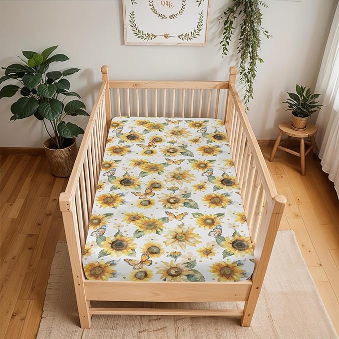 Boho Sunflowers Butterflies Baby Crib Sheets for Boy Girl 52x28Inch Yellow Sunflower Leaves Soft Snug Fitted Crib Mattress Cover Spring Summer Baby Sheet for Standard Crib and Toddler Bed Mattress