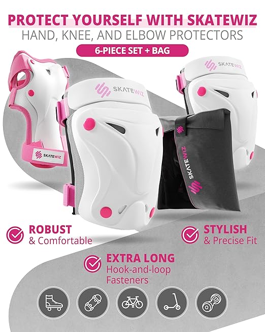 SKATEWIZ Knee Pads for Kids - Knee and Elbow Pads Set - PROTECT-1 - Size M Pink White - Wrist Guards Skating Protective Gear, Skateboard, Roller Skate, Ice Skates For Kids