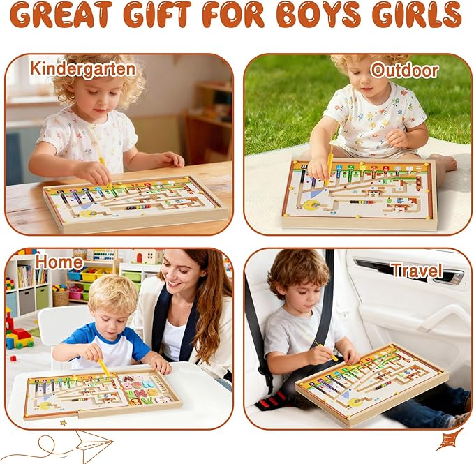 Wooden Montessori Toys with Storage Box for 3-5 Year Old, 4 in 1 Toddlers Educational Learning Toy- Magnetic Color and Number Maze, Animal Alphabet Puzzles, Drawing Board for Kids Boys Girls