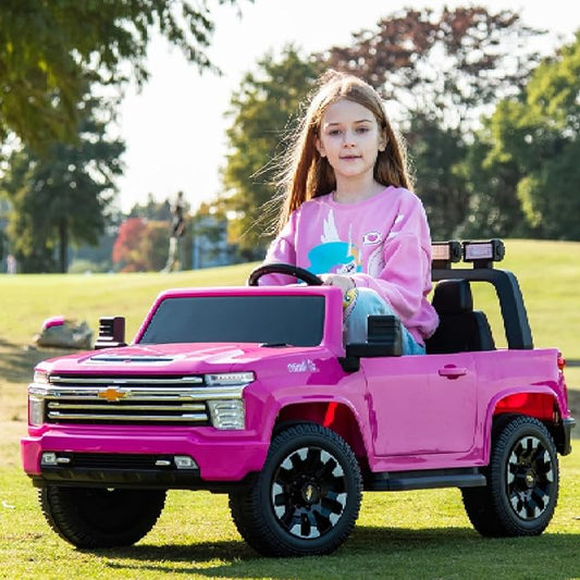 FINITO 24V 2 Seater Ride On Toy Car, Licensed Chevrolet Silverado Ride on Truck, 4WD Kids Electric car, LED Light, Bluetooth Music Player, Gift for Boys and Girls, for 3+ Kids (Pink)