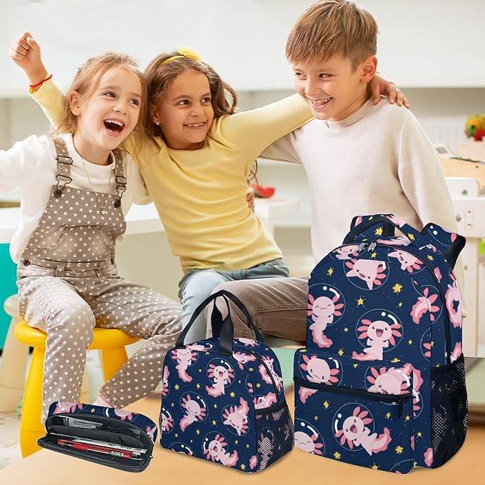 COZYAURA Kids Backpack for Girls - Large Capacity School Bags with Lunch Bag Pencil Pouch Set - Cute Axolotl Bookbag for Elementary Middle School & Travel - Kid School Supplies
