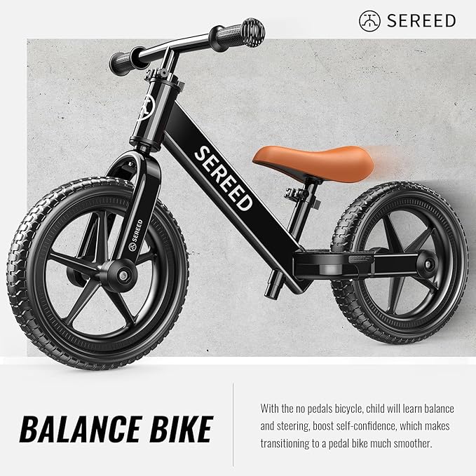 SEREED Toddler Balance Bike 2 Year Old, No Pedal Kids Bicycle Toys for 2-5 Years Old, Tool-Free Adjustment, Customize Plate with Stickers, Gift for 2-3 Boys Girls (Black)