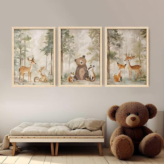 ICHZUMW Woodland Nursery Decor Wall Art Set of 3, Cute Forest Friend Animal Canvas Prints Bear Fox Deer Pictures, Nature Watercolor Paintings, Baby Room Kids Bedroom Playroom, Neutral Artwork 16x24in