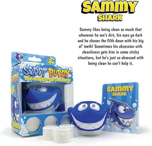 Suddy Buddy® Bubble Bath Toy, Kids Ages 3+, Boys and Girls, Safe & Clean, Collect All Four. Includes: 1 Character Bubble soap Dispenser, 1 Trading Card, and 3 Super Bubble Drops. Shark