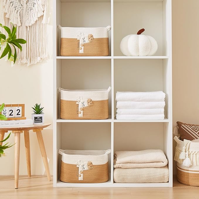BUBUSUN Storage Bins Woven Baskets for Storage Set of 3, Cotton Rope Basket with Handles for Toys/Shelves/Laundry, Rectangle Multi-Purpose Organizer for Living Room, Bedroom, Nursery (Giraffe)